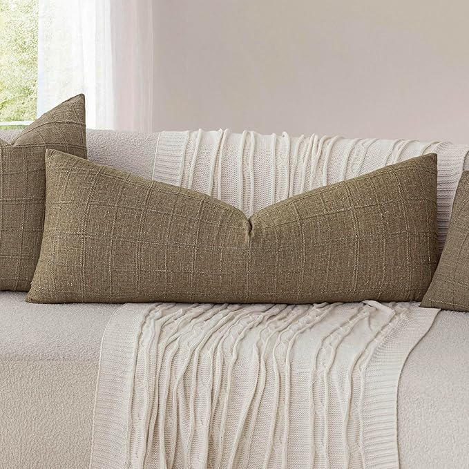 Foindtower Set of 2 Decorative Linen Check Throw Pillow Covers Neutral Farmhouse Lumbar Cushion Covers Modern Boho Home Decor for Sofa Chair Couch Bedroom Living Room,12×24 Inch,Light Brown