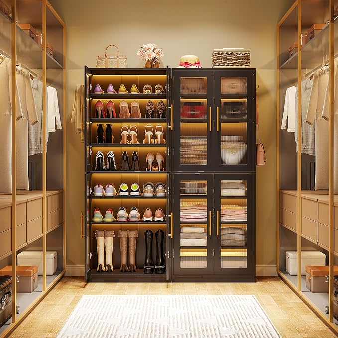 Tribesigns Black Shoe Storage Cabinet with Acrylic Doors and LED Lights, 8-Tier Tall Entryway Shoe Organizer Rack with Adjustable Shelves & Hanging Hooks for Narrow Closet, Hallway, Living Room