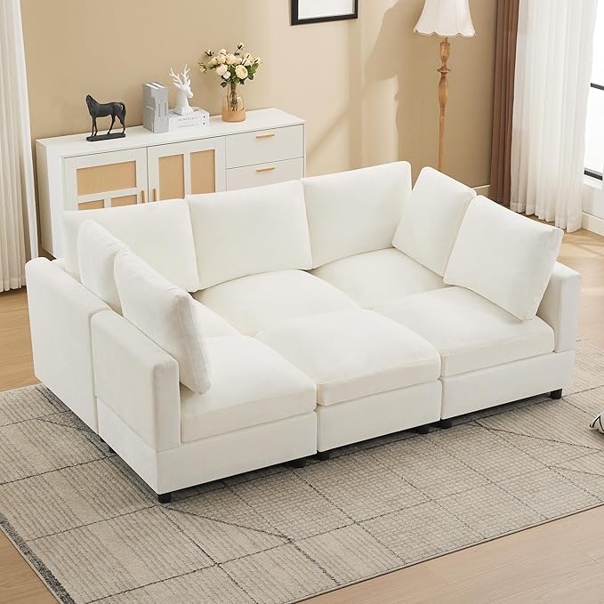 Modular Sectional Cloud Sofa Bed, 6-Seater Convertible Sofa Couch with Ottoman, Modern Deep Seat Sleeper Sofa for Living Room, Chenille Beige