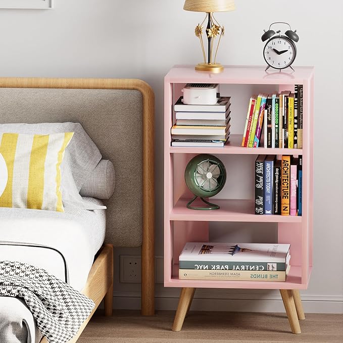 Night Stand, Pink Kids Nightstand, Modern End Table with Open Storage, 3-Tier Nursery Bedside Table for Small Space, Living Room, Bedroom