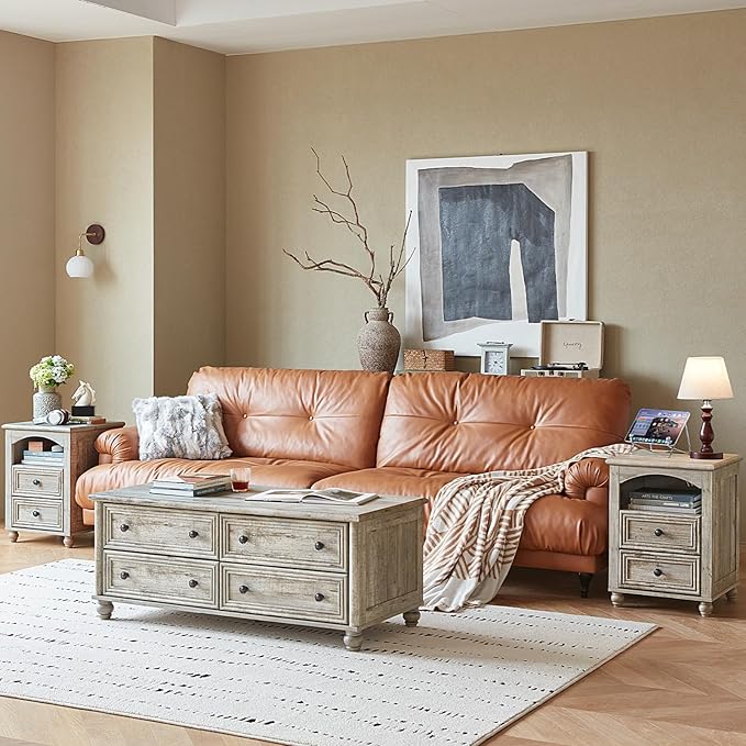 Dressers and Night Stand Set of 3, Wood 43.5" Tall Dresser and 18" Wide with Charging Station Chest of Drawers, Roman Column Nightstand Set of 2, Bedroom Furniture Dresser Suites for Home Living Room