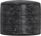 SIMPLIHOME Connor Boho Round Pouf in Distressed Black Genuine Leather for the Living Room, Bedroom and Kids Room