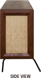 NTC MOSSIC Modern Sideboard with 4 Doors, Natural Rattan Storage Cabinet, Buffet with Metal Legs, Boho Accent Cabinet for Living Room, and Entryway, Effortless Assembly - Dark Walnut