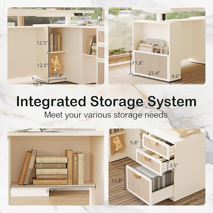 63" Standing Desk with File Cabinet, Privacy Panel, AC/USB, 1.18" Desktop, Executive L Shaped Height Adjustable Desk, Electric Stand Up Table with 3 Drawers, White Rattan