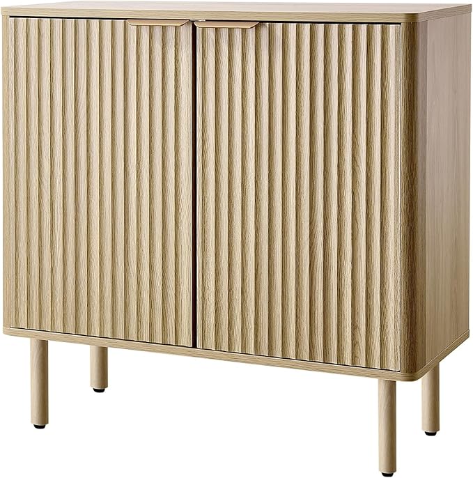 VEVOR Fluted Cabinet, Buffet Cabinet with 2-Tier Storage, Coffee Bar Cabinet with Adjustable Shelves, Sideboard Buffet for Hallway, Entryway, Living Room, or Kitchen, Oak