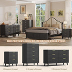 Lulive Wood Nightstand Set of 2 Fluted Dresser for Bedroom 3 Drawers Night Stand with Charging Station, Storage Modern Side Table Black