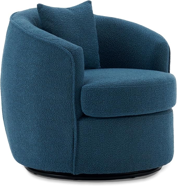 Swivel Accent Chair Set, Modern Upholstered Boucle Barrel Arm Chairs with Pillow for Living Room, 360 Degree Round Swivel Sherpa Armchair with Round Base for Bedroom Club (2, Dark Blue)