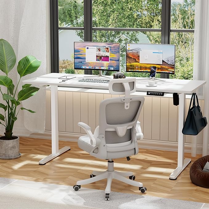 Shahoo 55 Inch Standing Desk, Electric Height Adjustable Computer Desks with Hook and Cable Hole, White