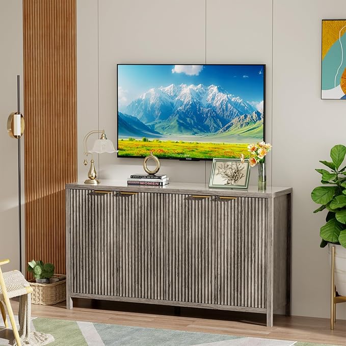 Fluted Sideboard Buffet Cabinet, 55" Large Storage Buffet Cabinet with 4 Doors and Adjustable Shelves, Modern Sideboard Console Table for Living Room,Entryway,Dinning Room,Kitchen-Grey