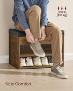 VASAGLE Shoe Bench with Cushion, Storage Bench with Padded Seat, Entryway Bench with 3 Storage Compartments, 11.8 x 23.6 x 17.3 Inches, for Bedroom, Living Room, Rustic Brown ULHS020K03