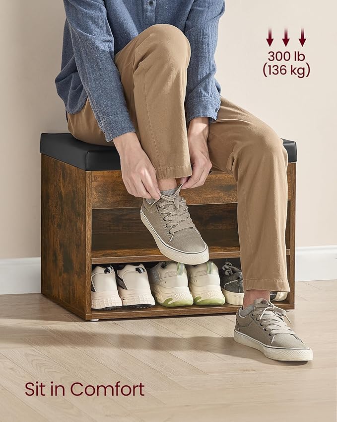 VASAGLE Shoe Bench with Cushion, Storage Bench with Padded Seat, Entryway Bench with 3 Storage Compartments, 11.8 x 23.6 x 17.3 Inches, for Bedroom, Living Room, Rustic Brown ULHS020K03