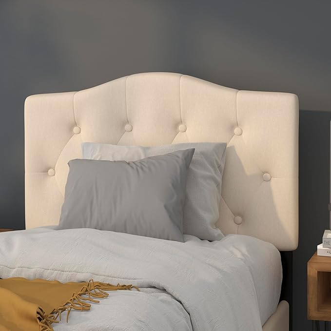 EMMA + OLIVER Twin Size Tufted Upholstered Headboard with Adjustable Metal Bed Rail Slots, Modern Fabric Upholstered Twin Headboard, Beige