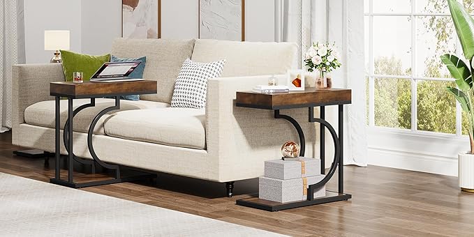 Tribesigns Side Table Set of 2 Narrow C Shaped End Table Modern Bedside Tables for Couch, Small Sofa Chairside Table with Metal Frame for Living Room (2, Brown+Black)