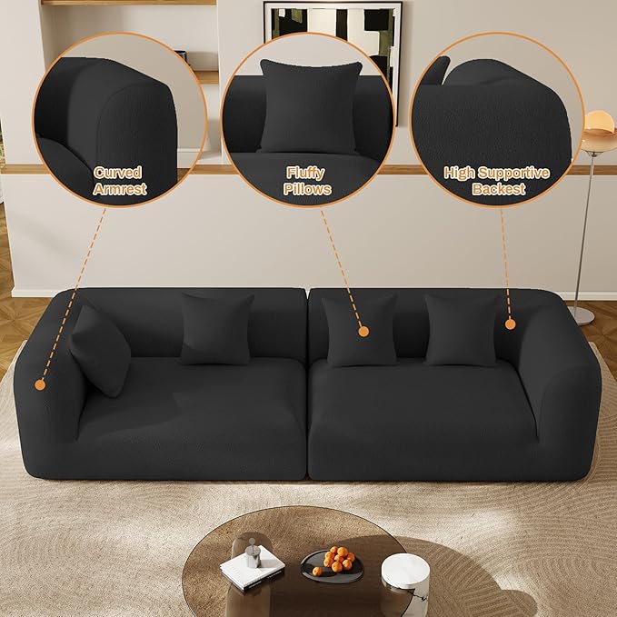 120'' Oversized Sectional Couches for Living Room Boneless Modular Sectional Sofa Plush Chenille Cloud Modular Couch Modern Sectionals with Deep Seat, No Assembly Required, 4 Seater, Black
