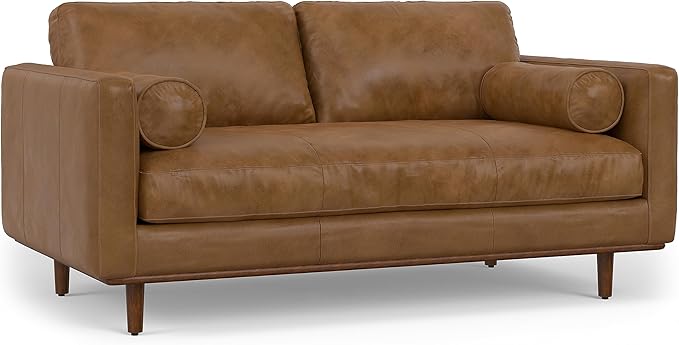 SIMPLIHOME Morrison 72-inch Wide Sofa in Caramel Brown Top Grain Genuine Leather, Mid-Century Modern-Style Loveseat for Living Room, Single Bench Cushion, Removable Back Cushions, 2 Bolster Pillows