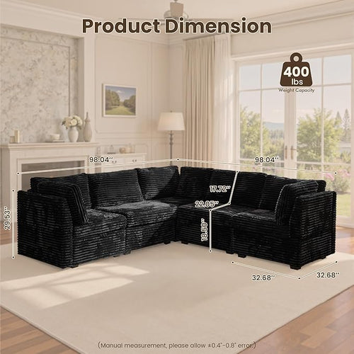 130'' Modern Modular Sectional Sofa,5 Seats Cloud Comfort Corduroy Fluffy Couch,L Shaped Convertible Sofa Couch for Living Room,Black