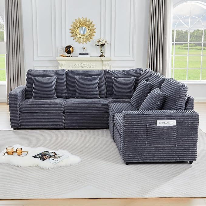 Modern Corner Sofa Seat with 2 Pillows for Modular Sectional Couch for Living Room-Blue Grey