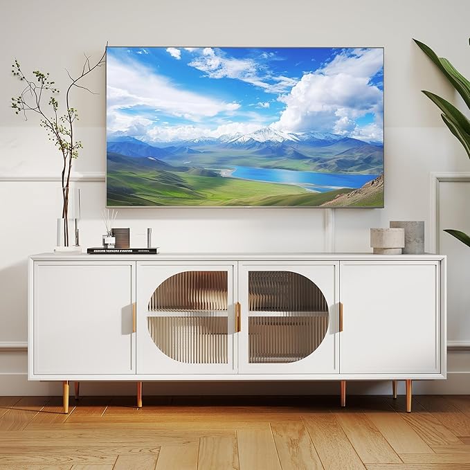 66" Modern TV Stand for TVs up to 75",TV Cabinet with Glass Door,Entertainment Center with Storage,Television Stands with Gold Legs,Media Console for Bedroom,Living Room,White
