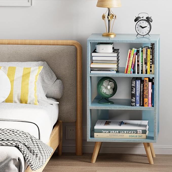 Night Stand, Blue Kids Nightstand, Modern End Table with Open Storage, 3-Tier Nursery Bedside Table for Small Space, Living Room, Bedroom