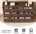 Farmhouse 7 Drawer Dresser for Bedroom, 55 Inch Wide Modern Brown Dresser TV Stand with Large Drawers & Bar Handles, Rustic Wood Chest of Drawers for Bedroom