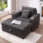 ONBRILL Corduroy Oversized Chair with Ottoman, 44" Wide Armchair with Cup Holders & USB Port, Reading Chair w/Storage Armrest, Easy Assembly, Comfy Single Sofa Bed for Living Room, Apartment, Grey