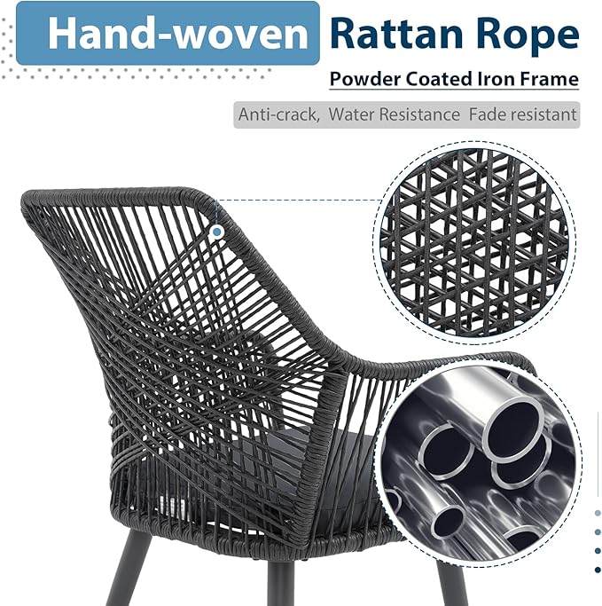 JOIVI Outdoor Dining Chairs Set of 2, 2 Pieces Woven Rope Patio Chairs with Armrest and Seat Cushions for Outside Porch, Balcony or Indoor Kitchen, Restaurant, Gray