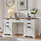 RedLemon 60" Farmhouse Executive Desk, Home Office Desk with Drawers, Charging Station, Keyboard Tray, File Drawer, Storage Cabinet, Wood Rustic Computer Writing Desk (Antique White)