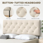 Tufted Upholstered Headboard Queen Size, Solid Wood Head Board with Durable Metal Legs, Linen Fabric Padded Headboard, Adjustable Height from 37” to 51”, Modern Button Design Head Board, Beige