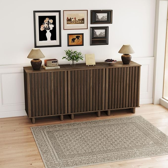 LukeAlon Fluted Sideboard Cabinet, Mid-Century Modern Accent Buffet Cabinet with Storage, 47" Wooden Credenza Cabinets 31.5" Height for Living Room Dining Room Entryway Hallway, Walnut Color