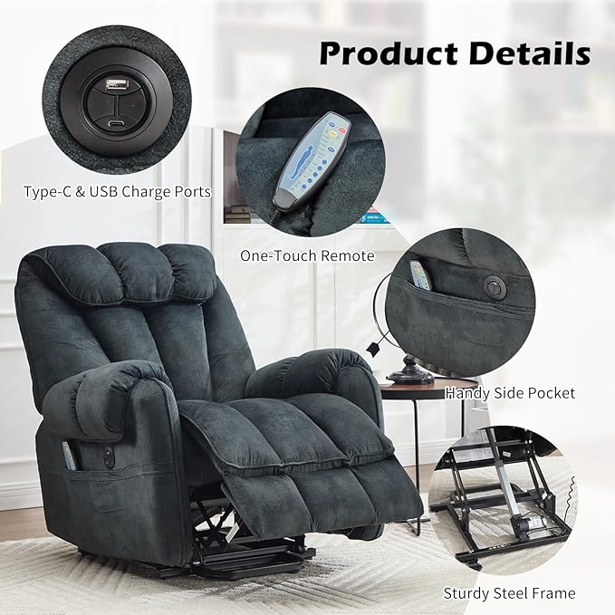 CANMOV Power Lift Recliner Chair for Elderly with Massage & Heat, Overstuffed Recliner Chairs for Adults, Electric Recliners with Type-C & USB Port, Side Pockets, for Living Room, Grey