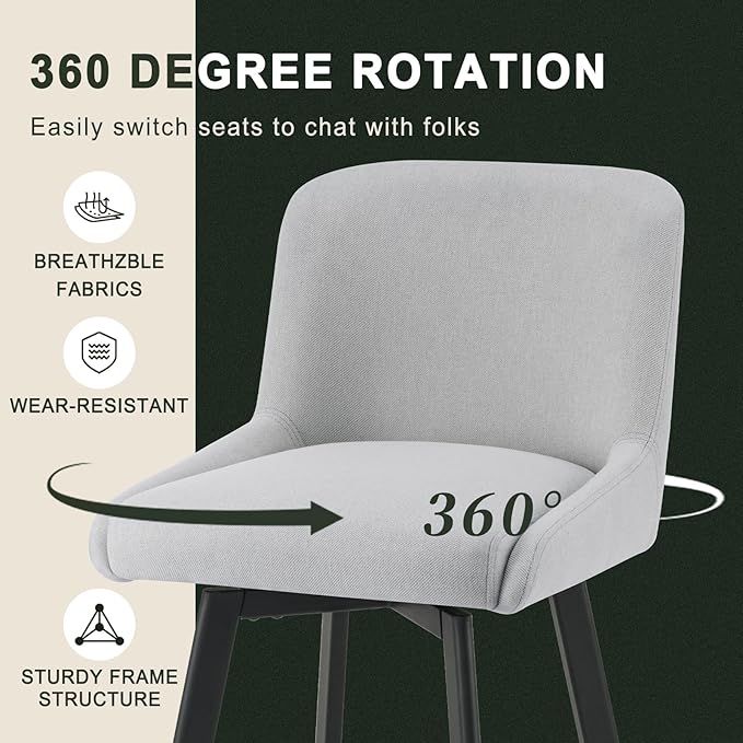 Swivel Bar Stools Set of 2, 30''H Upholstered Barstools with Backs, Modern Counter Height Bar Stool Chairs for Kitchen Island, Metal Legs, Fabric, Light Gray Counter Stools