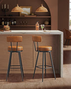 VASAGLE EKHO Collection - Bar Stools Set of 2, Swivel Bar Height Bar Stools with Back, Synthetic Leather with Stitching, Mid-Century Modern, 30-Inch Tall Barstools for Kitchen Home Bar, Caramel Brown