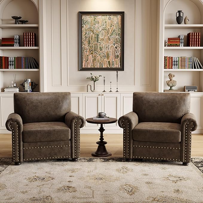 ONBRILL Nailhead Trim Accent Chair, Faux Leather Club Chair for Living Room, Comfy Armchair with Springs Cushions & Solid Wood Legs, Traditional Rolled Arms Single Sofa for Bedroom, Apartment, Brown