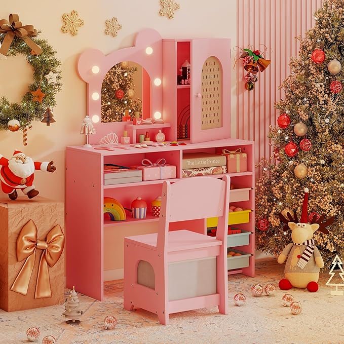 Costzon Kids Vanity with Lights, Girls Vanity Set with Mirror, Storage Drawers, Cabinet & Shelves, Toddler Makeup Vanity Desk Dressing Table, Wooden Kids Vanity Table and Chair Set (Pink)