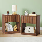 Fluted Dresser, Small Nightstands Set of 2, Natural Bedside Table with Drawer and Storage, Mid Century Modern Side Table for Bedroom Living Room Sofa