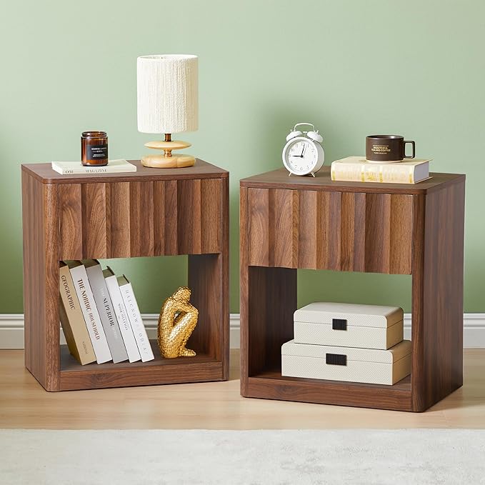 Fluted Dresser, Small Nightstands Set of 2, Natural Bedside Table with Drawer and Storage, Mid Century Modern Side Table for Bedroom Living Room Sofa