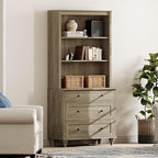 WAMPAT 72" Tall Bookcase Large Display Book Case Shelf with 3-Tier Open Book Shelfs, 3 Tier Farmhouse Style Bookshelf with 3 Drawers, Wood Bookshelves for Living Room or Study Room, Wash Grey