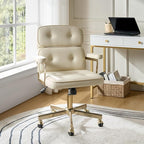 HULALA HOME Faux Leather Office Desk Chair with Golden Metal Legs, Comfy Upholstered Computer Chair with Tufted Backrest & Thick-Cushion Padded Armrest, Height Adjustable and 360°Swivel, Ivory