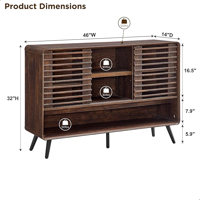 RedLemon 46" Entryway Table with Slatted Sliding Door, Mid Century Modern Console Table w/Adjustable Storage Shelf, Wood Sofa Table Behind Couch for Hallway, Living Room, Foyer, Dark Walnut