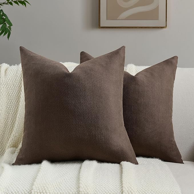 FUTEI Dark Coffee Chenille Throw Pillow Covers 26x26 Inch Set of 2,Soft Wide Chevron Textured Euro Pillow Shams,Farmhouse Home Decor for Couch Bed Living Room