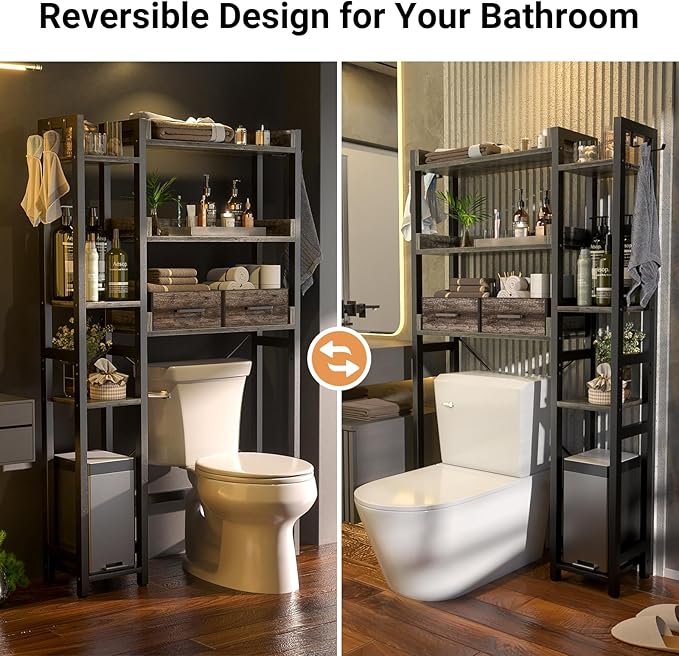 Over The Toilet Storage with 2 Drawers - 7 Tier Bathroom Organizer with Adjustable Shelf, Freestanding Space Saver Storage Rack Above Toilet Stand with 4 Hooks for Restroom, Laundry, Grey Oak