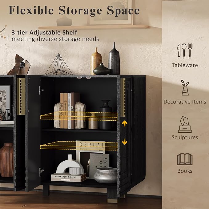 Merax Vintage Wood Storage Cabinet with Four Doors and Dark Gold Handles, Retro-Style Sideboard Buffet Cabinet with Adjustable Storage Shelves for Kitchen, Living Room, Dining Room, Hallway, Black