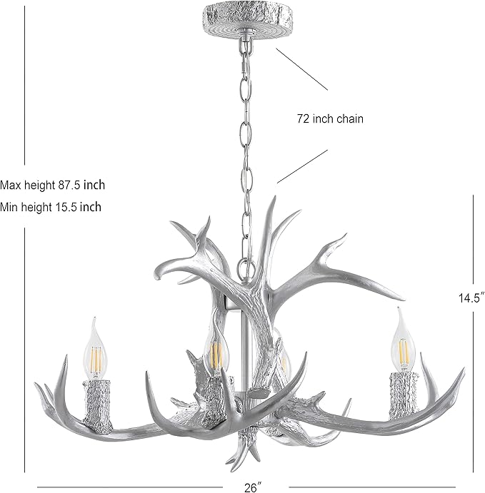JONATHAN Y JYL6301C Eldora 26" Adjustable Resin Antler 4-Light LED Chandelier, Glam, Rustic,Cottage,Transitional, Dimmable Dining Room, Living Room, Kitchen, Foyer, Bedroom, Silver