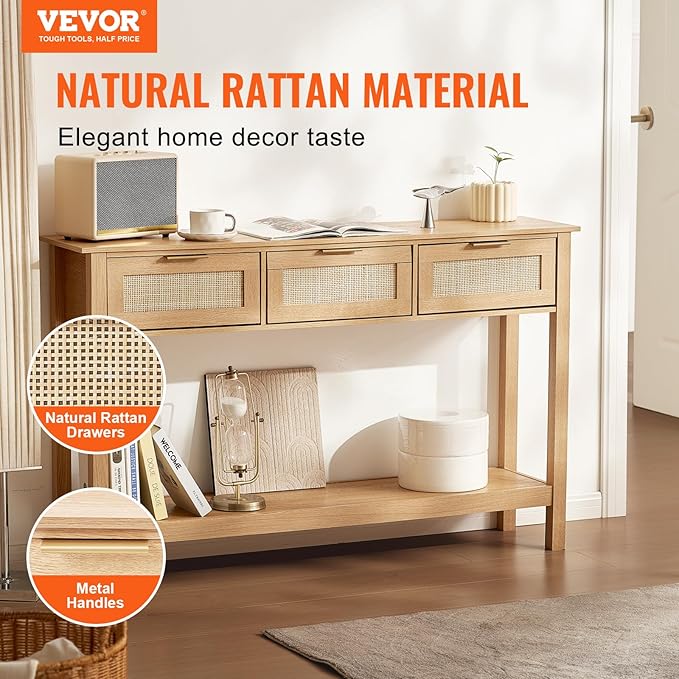 VEVOR Rattan Console Table, Entryway Table with 3 Storage Drawers, Hallway Table with Natural Rattan Sliding Door, Console Sofa Table for Living Room, Study, Entryway Or TV Wall, Natural