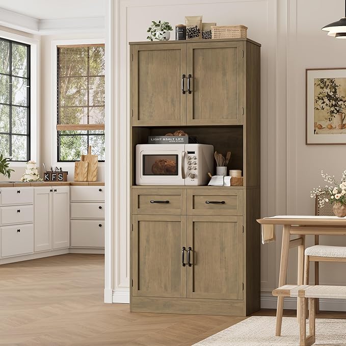 HOSTACK 71“ Tall Kitchen Pantry Storage Cabinet, Modern Kitchen Hutch Bar Cabinet with Microwave Stand, Wood Buffet Sideboard with Hutch, Cupboard with Drawers, Shelves for Dining Room, Rustic Brown