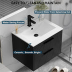 eclife 24" Bathroom Vanities Cabinet with Sink Combo, Wall Mounted Floating Cabinet W/Decor Line, Soft-Close System, 2 Extra Big Drawers, Matte Black Faucet, Black