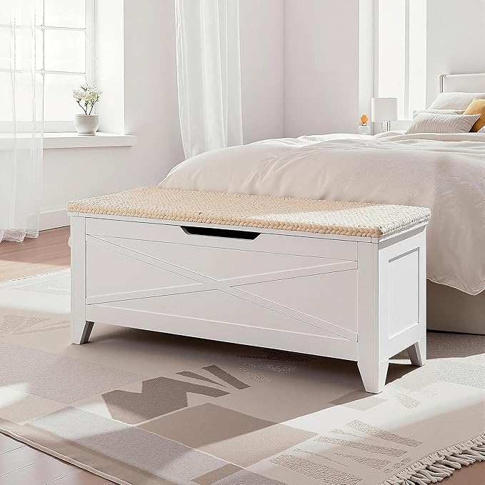 VECELO 43.3" Storage Bench, Entryway Shoe Ottoman, Farmhouse Style Bench with Handwoven Cushion and Metal Safety Hinges, for Bedroom, Living Room, Entryway, White