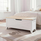 VECELO 43.3" Storage Bench, Entryway Shoe Ottoman, Farmhouse Style Bench with Handwoven Cushion and Metal Safety Hinges, for Bedroom, Living Room, Entryway, White