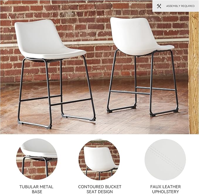 Signature Design by Ashley Centiar Urban Industrial 28.75" Pub Height Bucket Seat Barstool, 2 Count, White