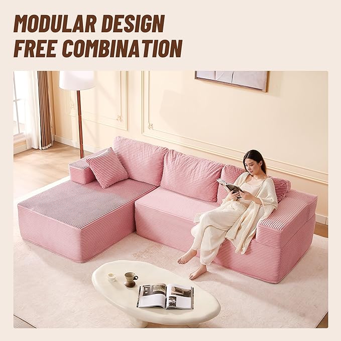 107" Boneless Couch with Deep Seat, Modular Sectional Sofa, Cloud Sectional Couch for Living Room, No Assembly Required, Corduroy, L-Shape Left，Pink